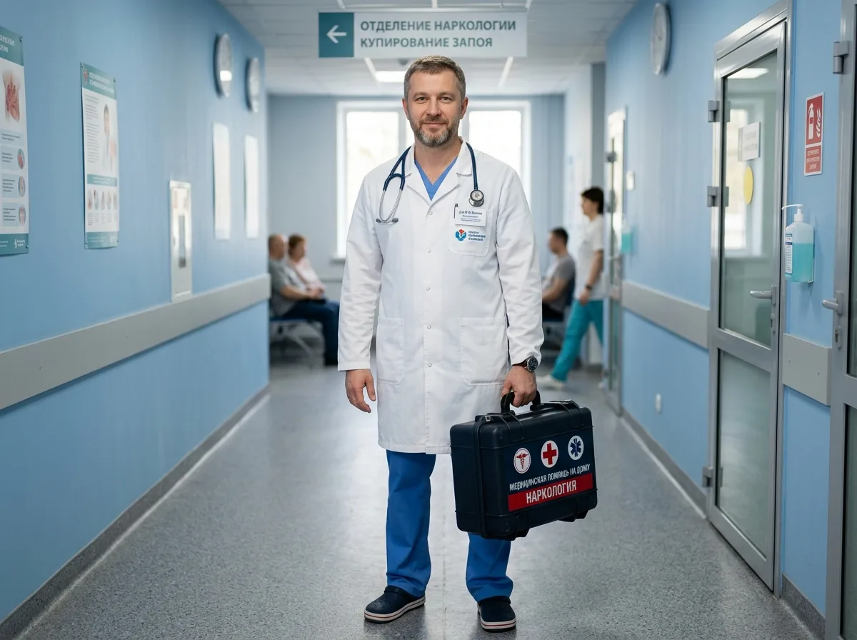 Врач-нарколог в белом халате стоит с медицинским чемоданчиком, готов к выезду, профессиональная обстановка, голубой фон клиники, спокойное уверенное выражение лица
