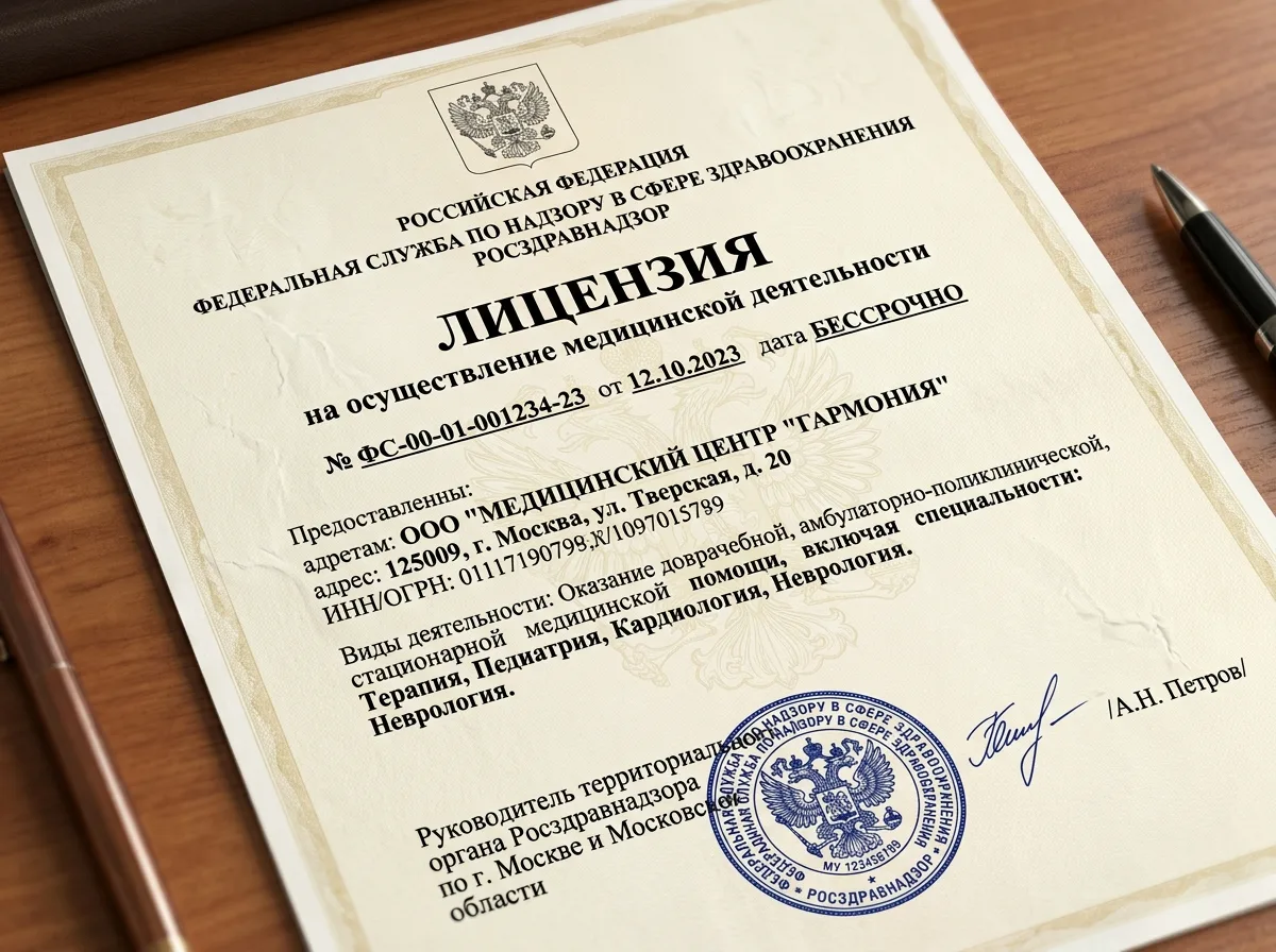 Документ лицензии Росздравнадзора на осуществление медицинской деятельности, синяя гербовая печать, официальный бланк
